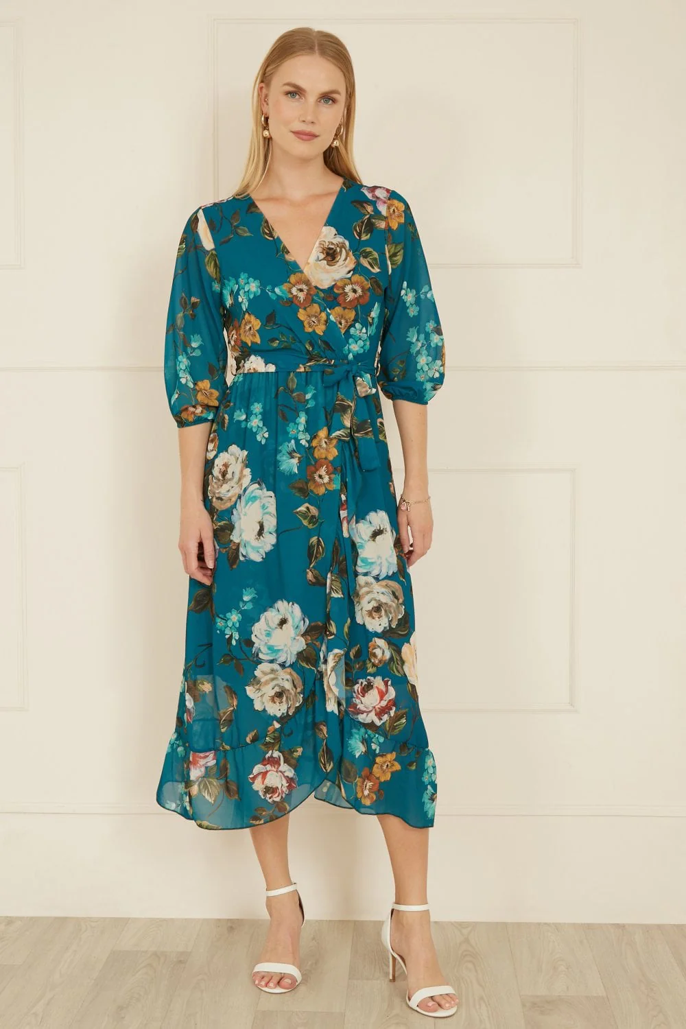 Yumi Teal Watercolour Dip Hem Midi Wrap Dress - Image 3