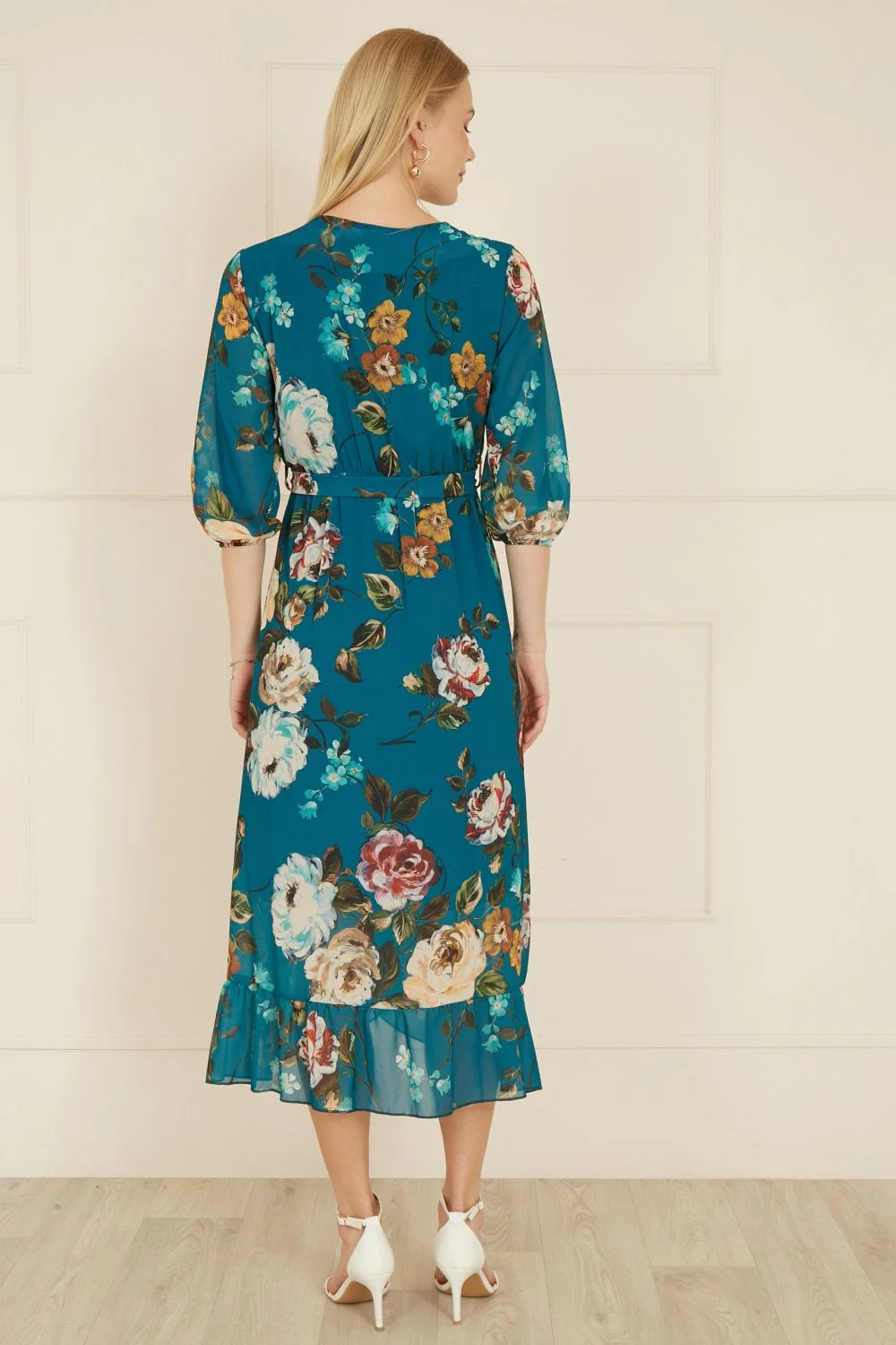 Yumi Teal Watercolour Dip Hem Midi Wrap Dress - Image 4