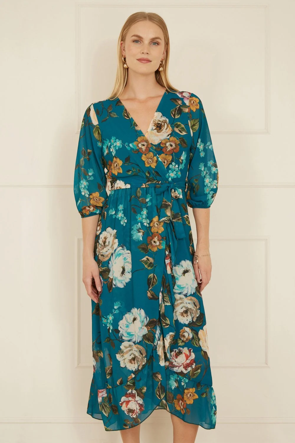 Yumi Teal Watercolour Dip Hem Midi Wrap Dress - Image 5