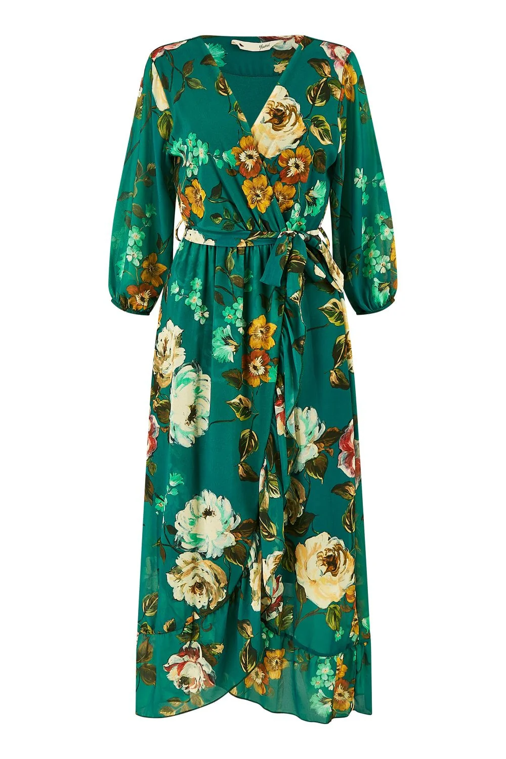 Yumi Teal Watercolour Dip Hem Midi Wrap Dress - Image 6