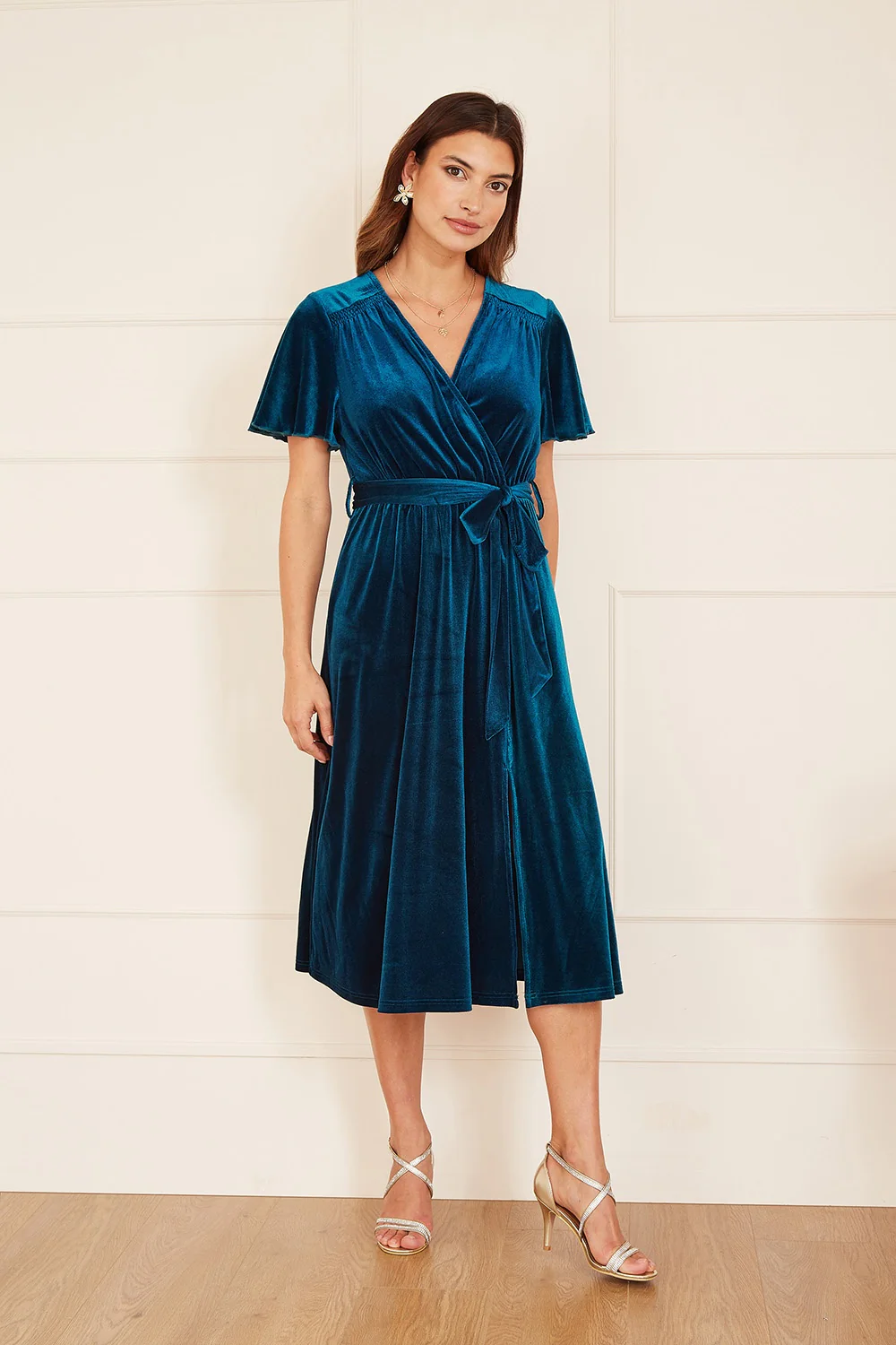 Yumi Teal Wrap Over Midi Dress With Angel Sleeves and Split Hem - Image 3