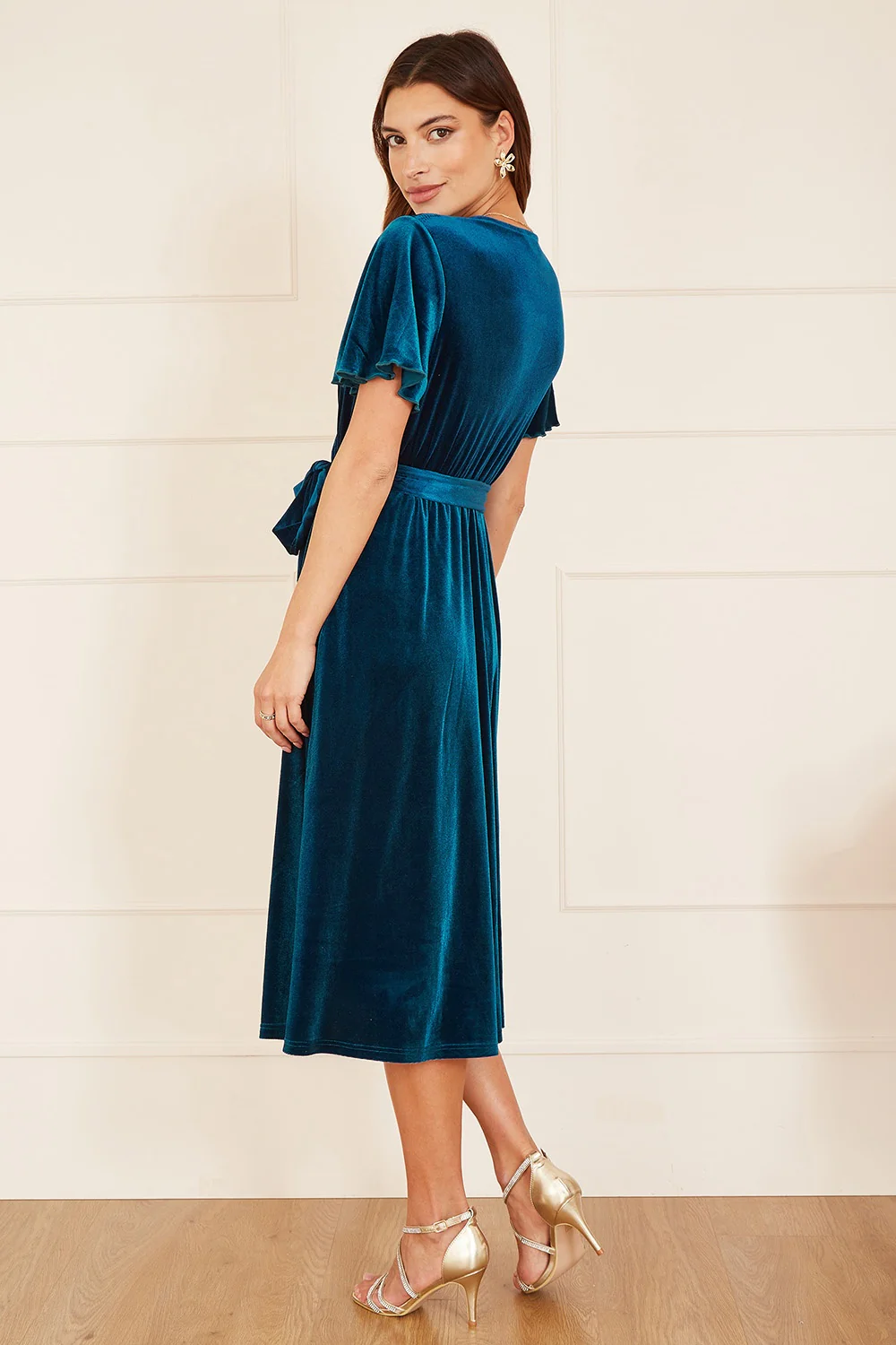 Yumi Teal Wrap Over Midi Dress With Angel Sleeves and Split Hem - Image 5