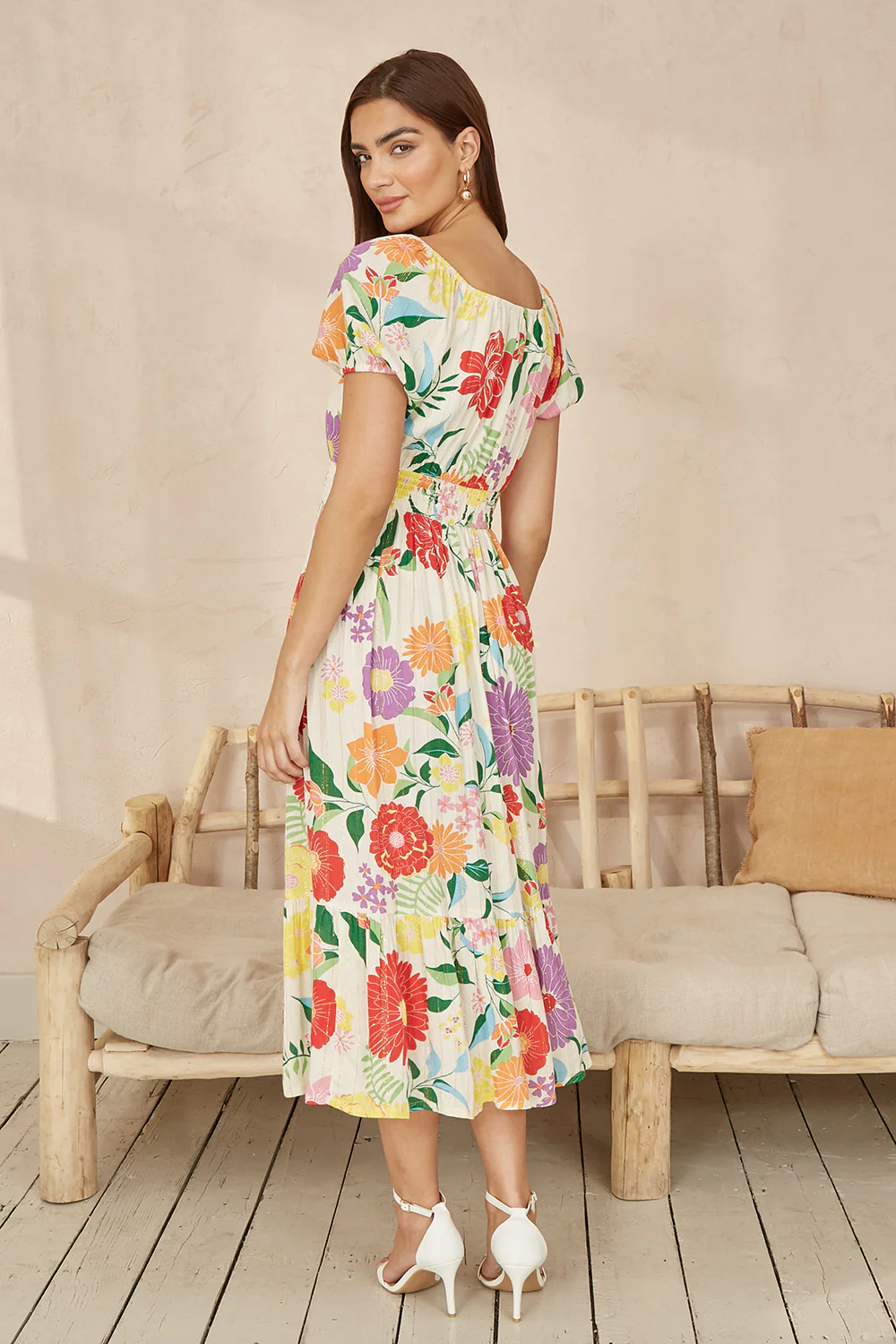 Yumi White Big Floral Midi Dress - Image 3