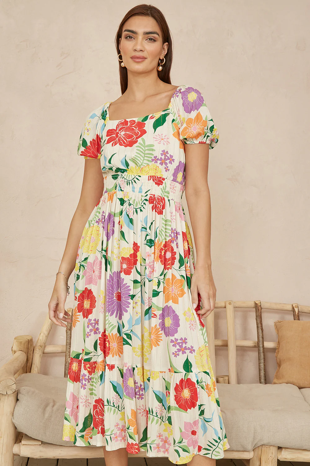 Yumi White Big Floral Midi Dress - Image 4