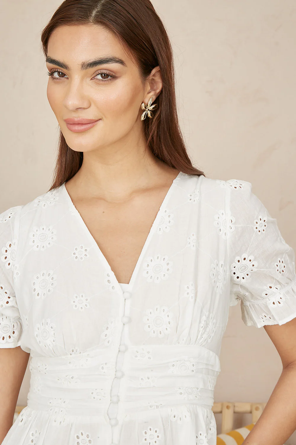 Yumi White Cotton Broderie Anglaise Midi Button Up Dress - Image 2