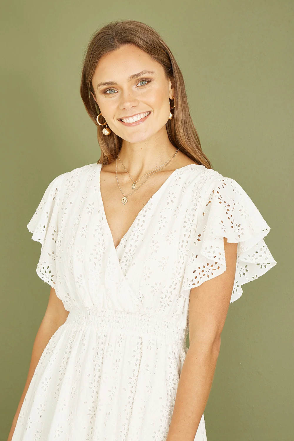 Yumi White Cotton Broderie Anglaise Wrap Midi Dress - Image 3