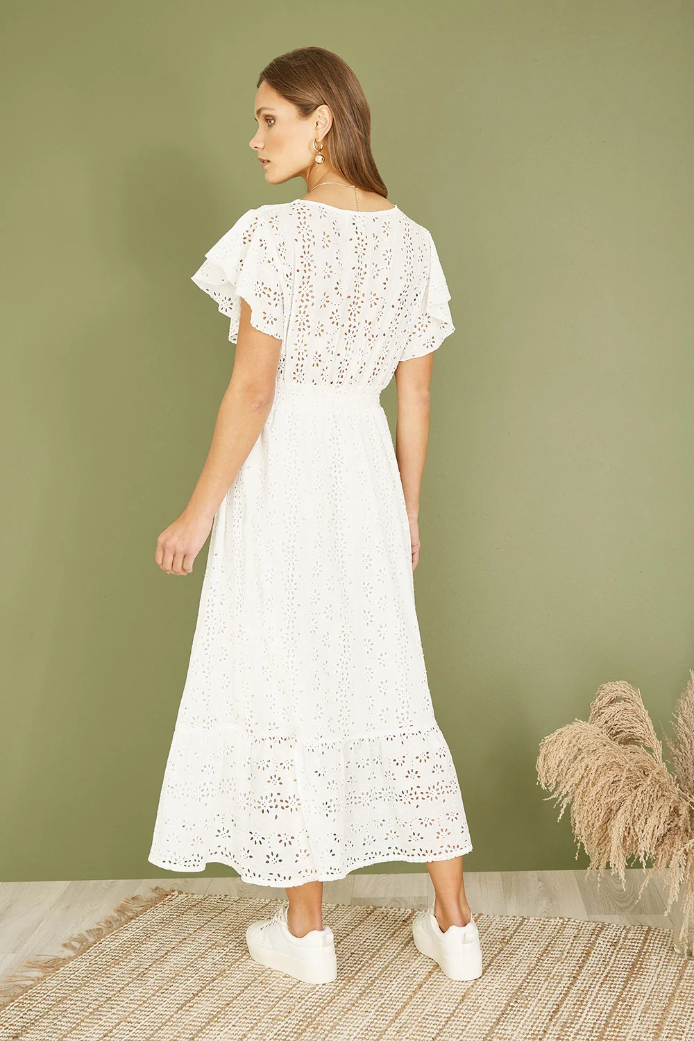 Yumi White Cotton Broderie Anglaise Wrap Midi Dress - Image 4