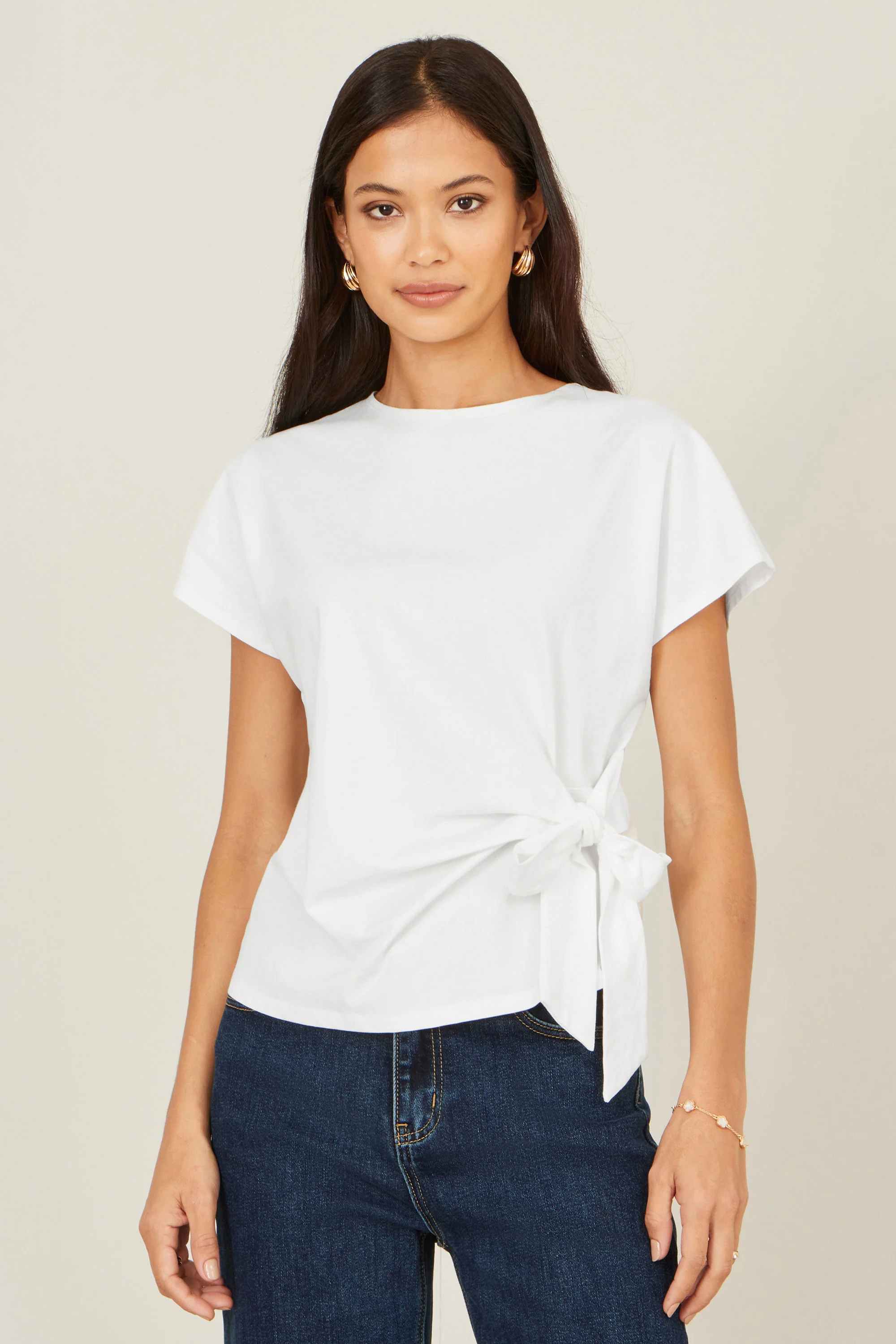 Yumi White Cotton Jersey Top With Knot Detail - Image 3
