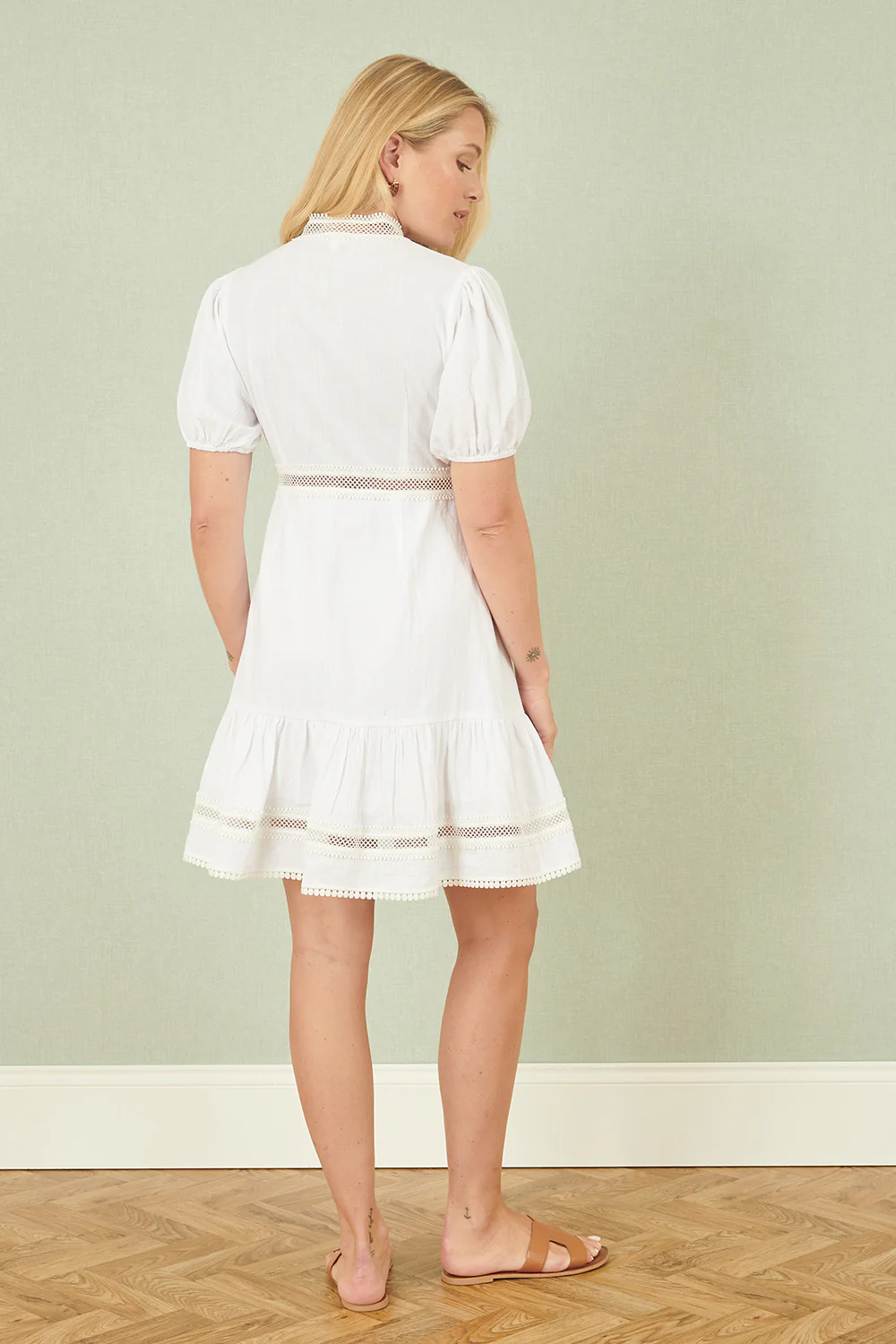 Yumi White Cotton Lace Trim Skater Shirt Dress - Image 4