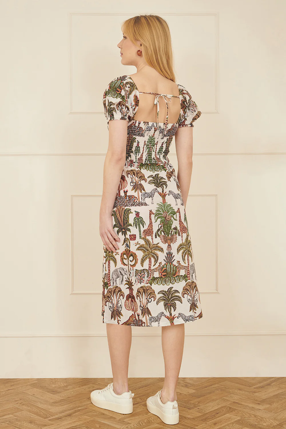 Yumi White Cotton Safari Print Ruched Midi Dress - Image 3