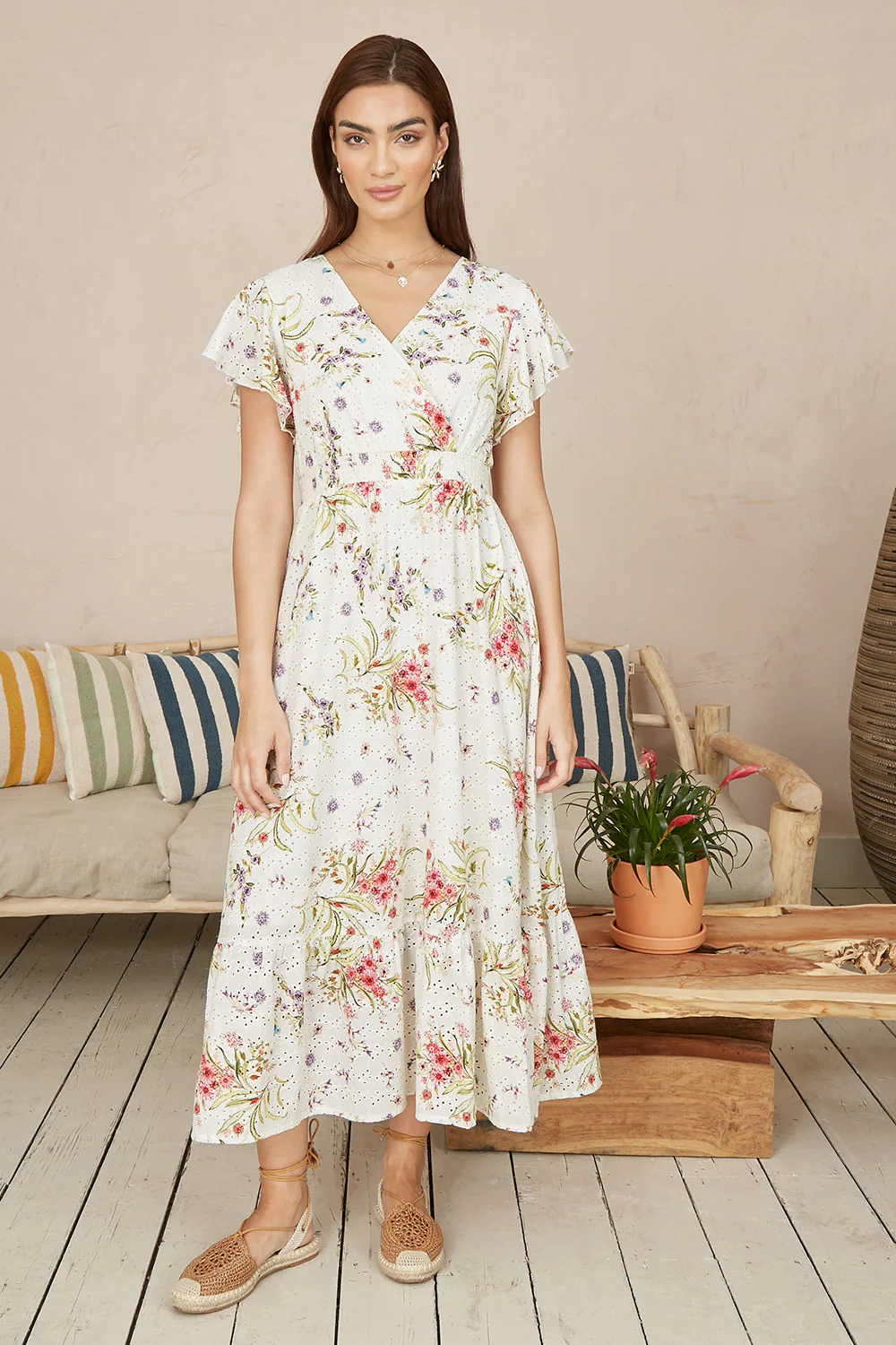 Yumi White Floral Broderie Anglaise Wrap Midi Dress - Image 3