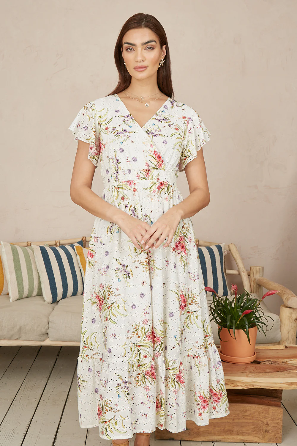 Yumi White Floral Broderie Anglaise Wrap Midi Dress - Image 5