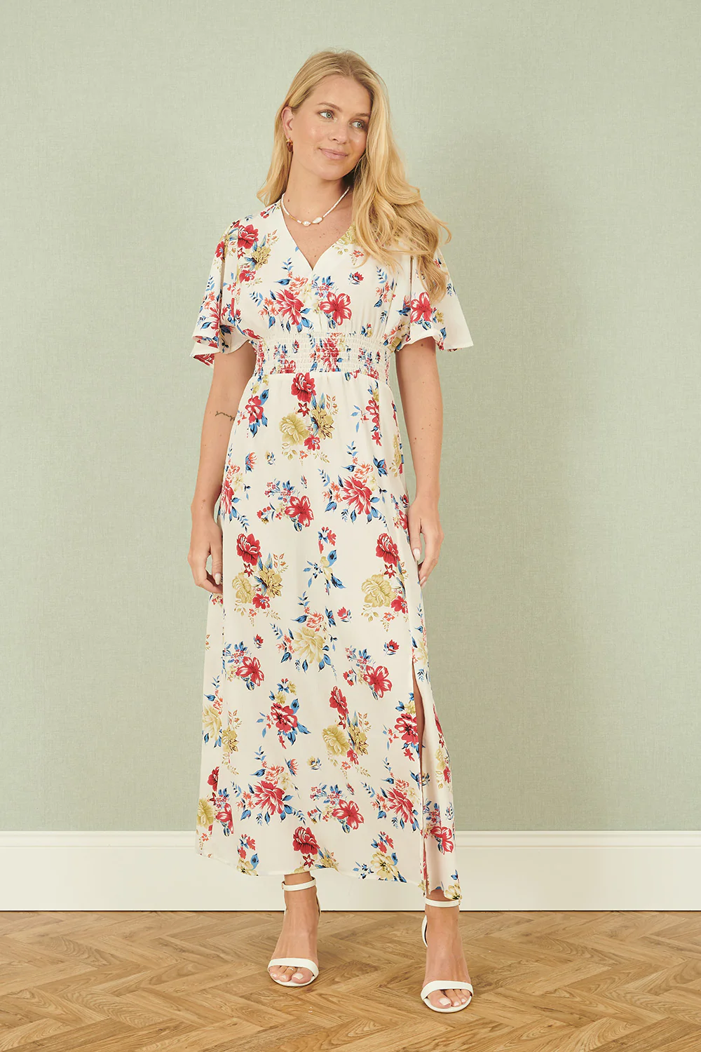 Yumi White Floral Recycled Fabric Ruched Waist Midi Dress - Image 2