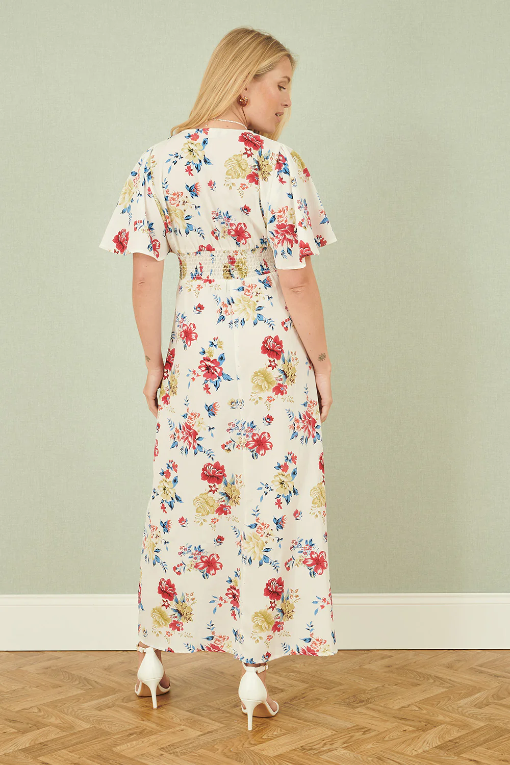 Yumi White Floral Recycled Fabric Ruched Waist Midi Dress - Image 3