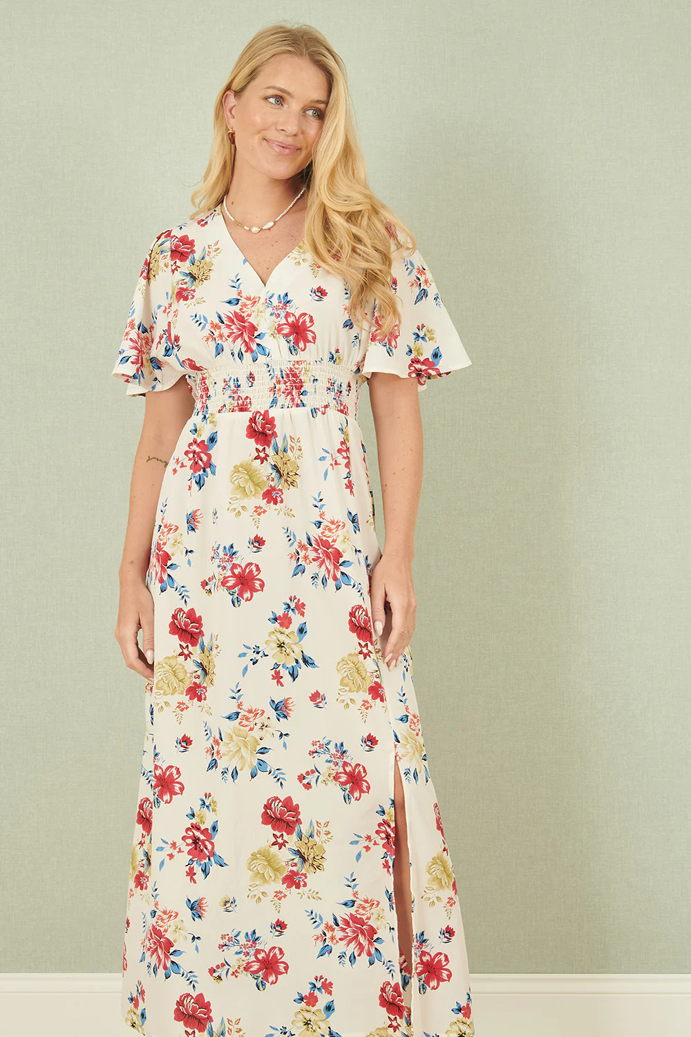 Yumi White Floral Recycled Fabric Ruched Waist Midi Dress - Image 4