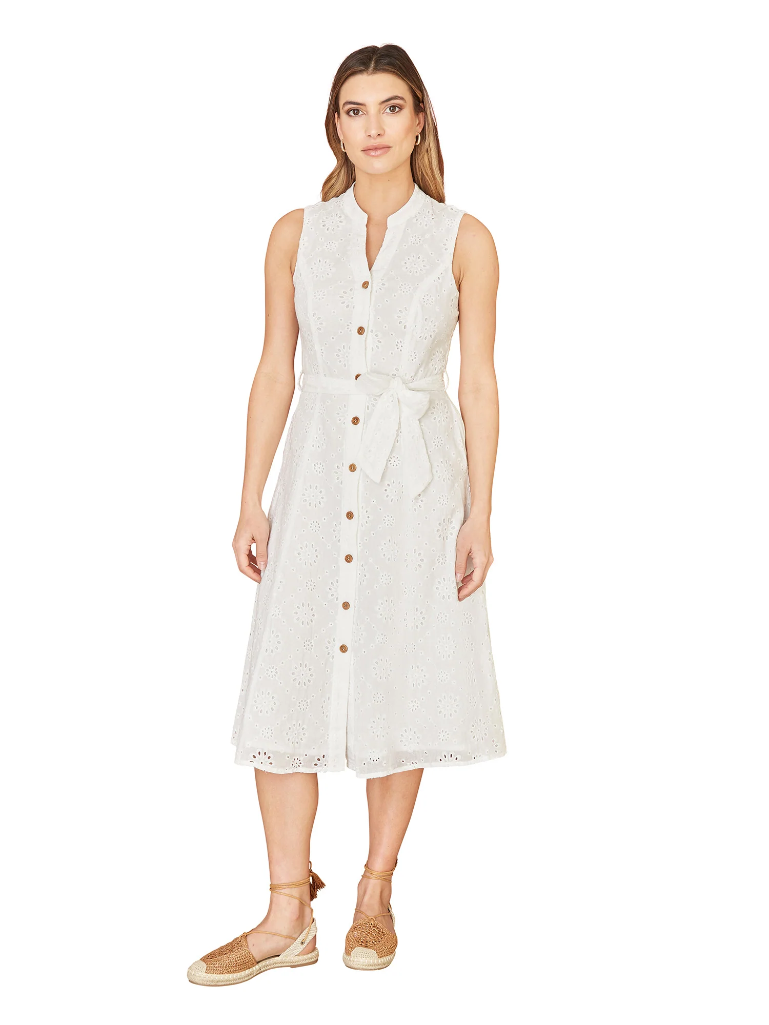 Yumi White Flower Broderie Anglaise Cotton Shirt Dress - Image 4