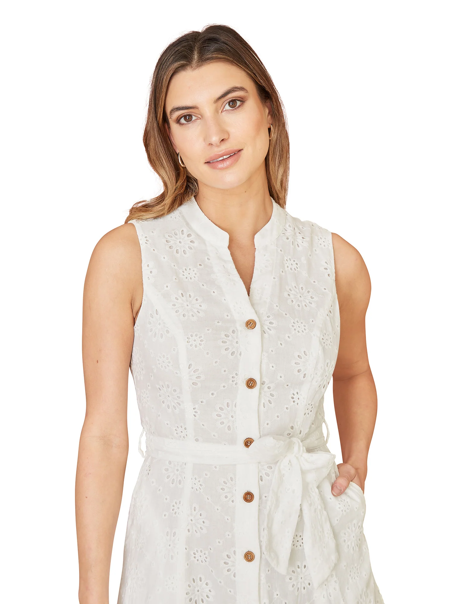 Yumi White Flower Broderie Anglaise Cotton Shirt Dress - Image 6