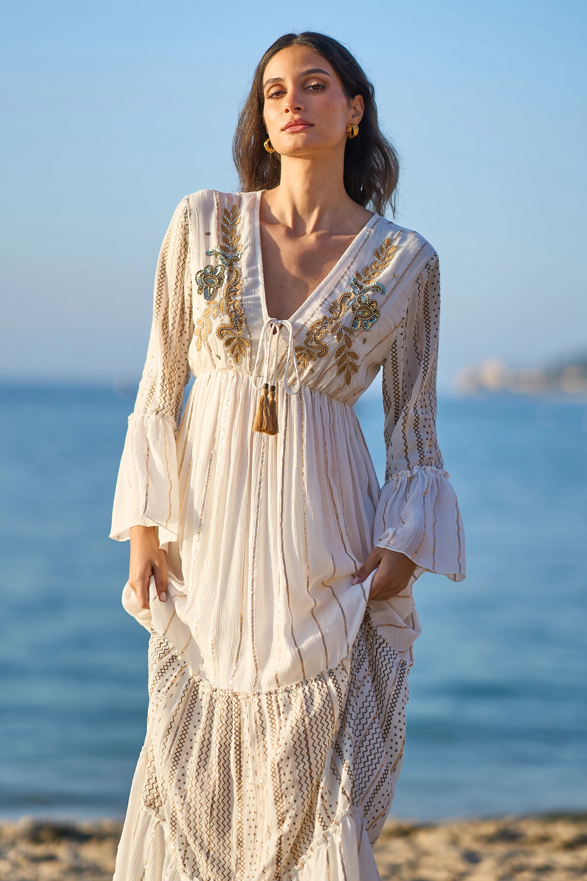 Yumi White Metallic Embellished Maxi Dress With Long Sleeves - Image 3