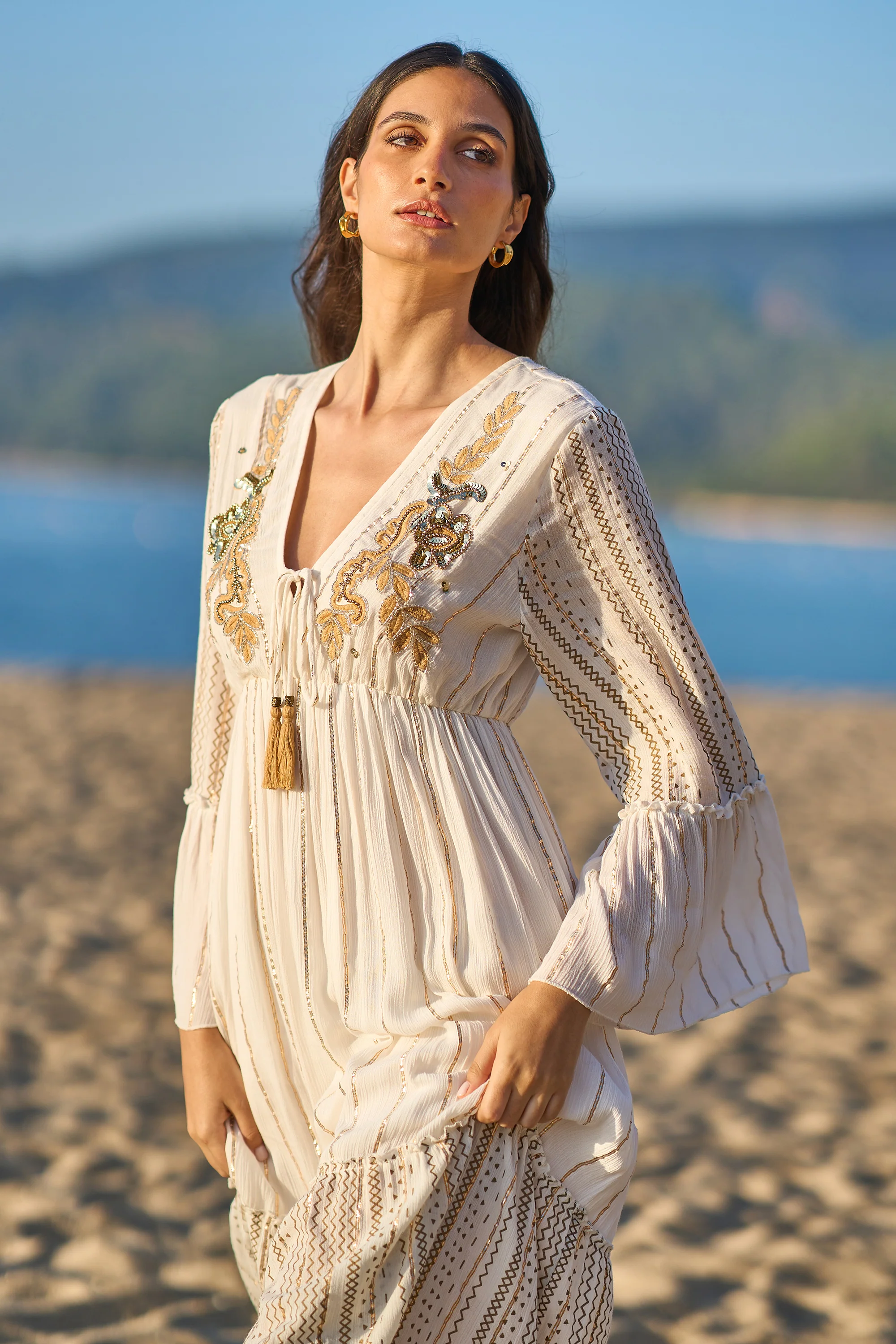 Yumi White Metallic Embellished Maxi Dress With Long Sleeves - Image 4