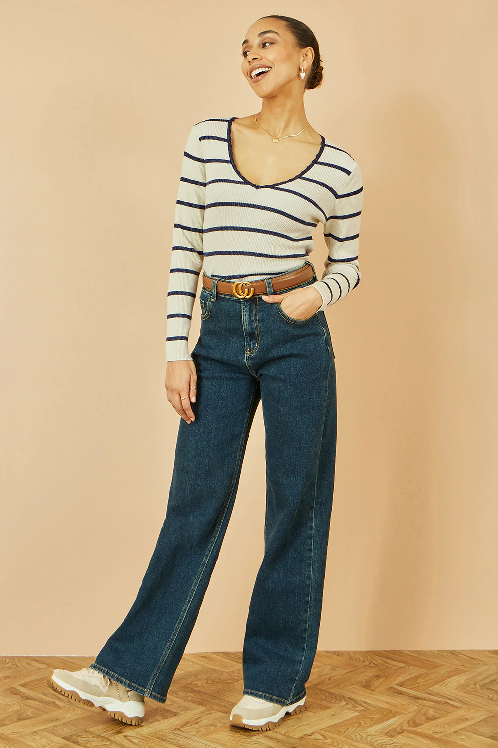 Yumi White Metallic Stripe Knitted Ribbed Top - Image 3