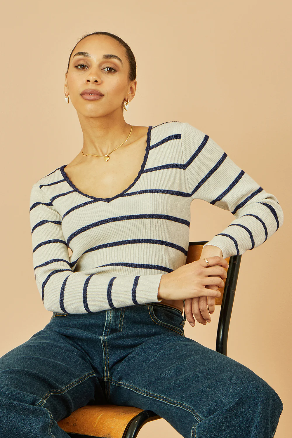 Yumi White Metallic Stripe Knitted Ribbed Top - Image 5