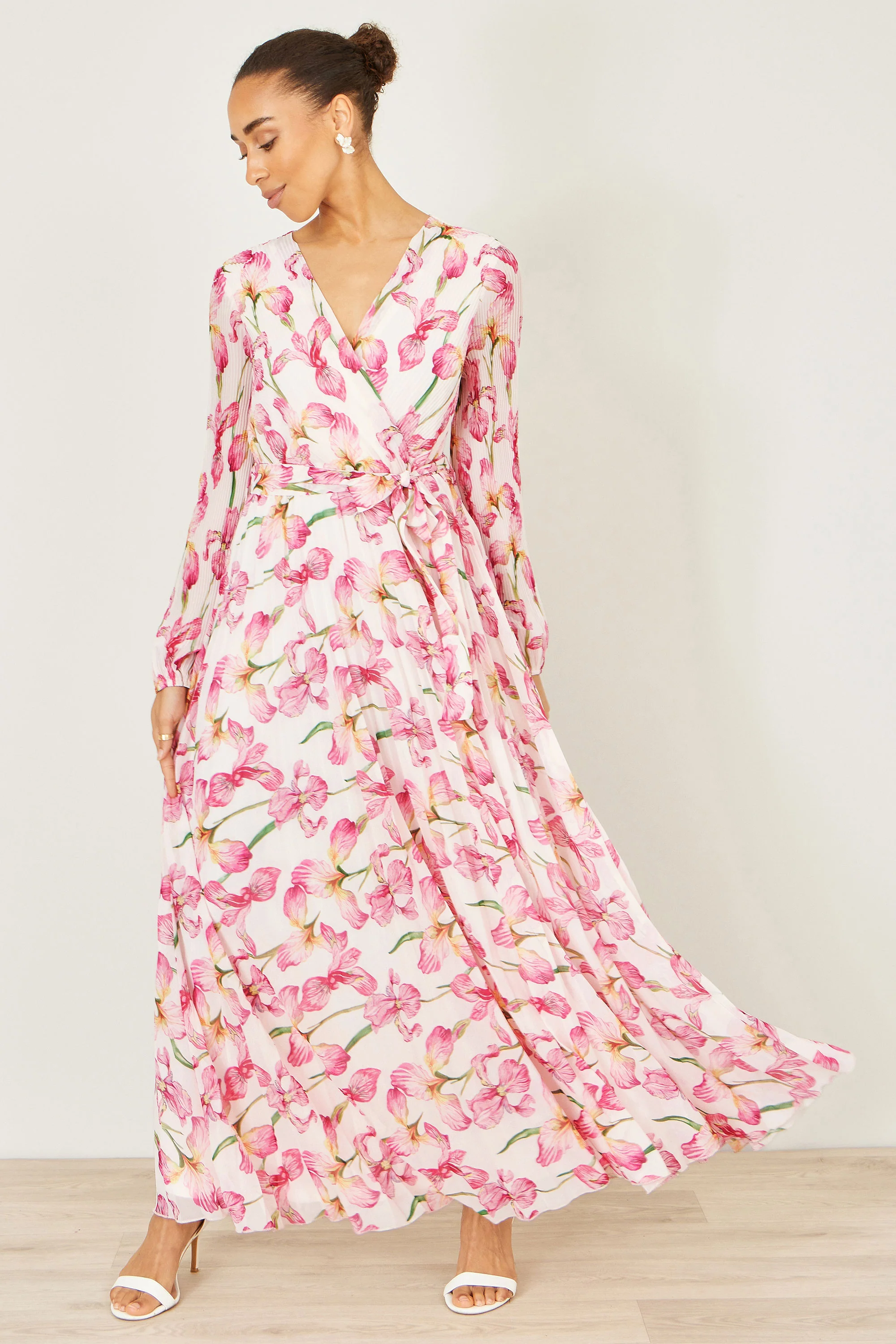 Yumi White Orchid Floral Pleated Wrap Maxi Dress - Image 3