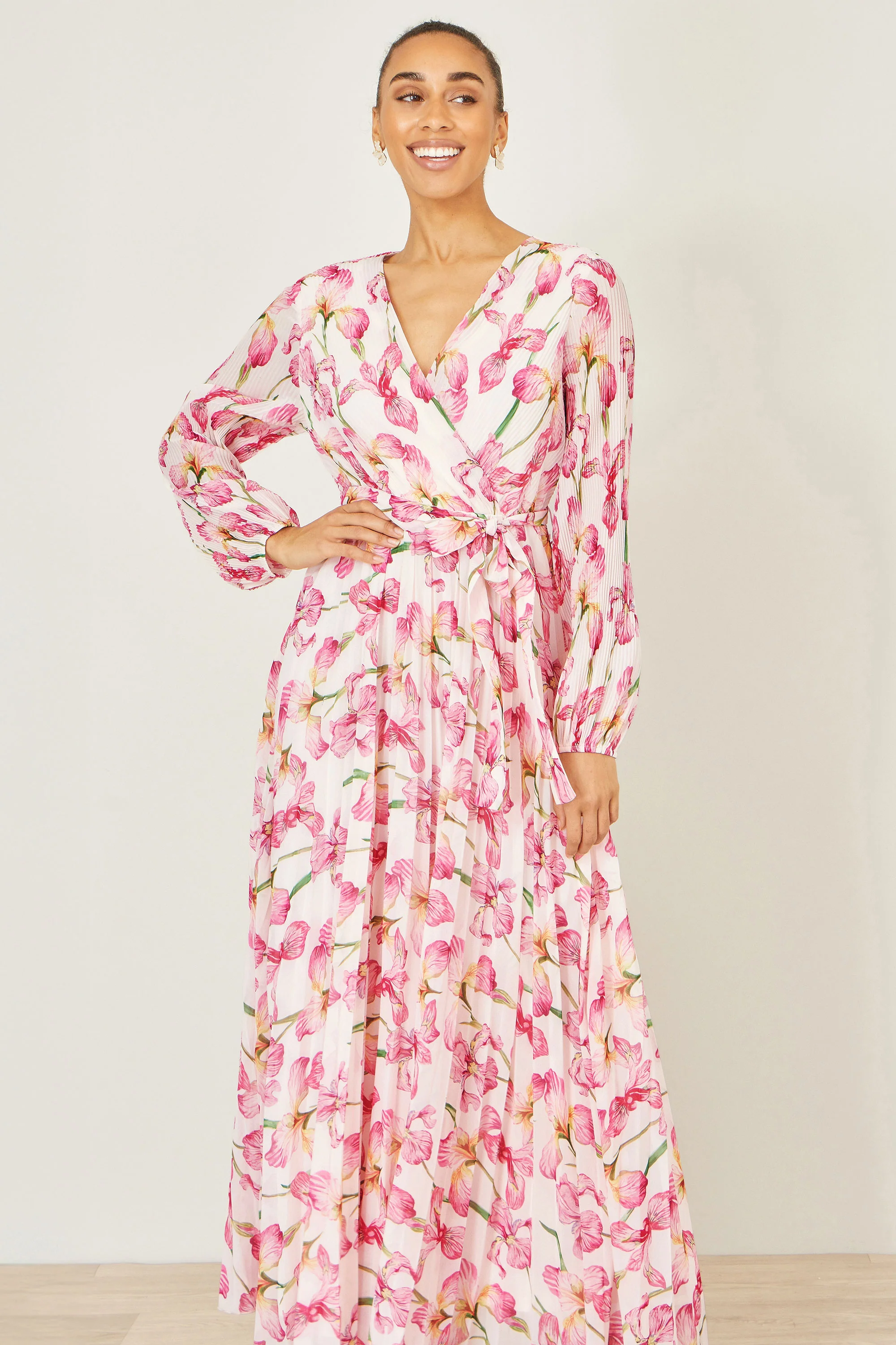 Yumi White Orchid Floral Pleated Wrap Maxi Dress - Image 4