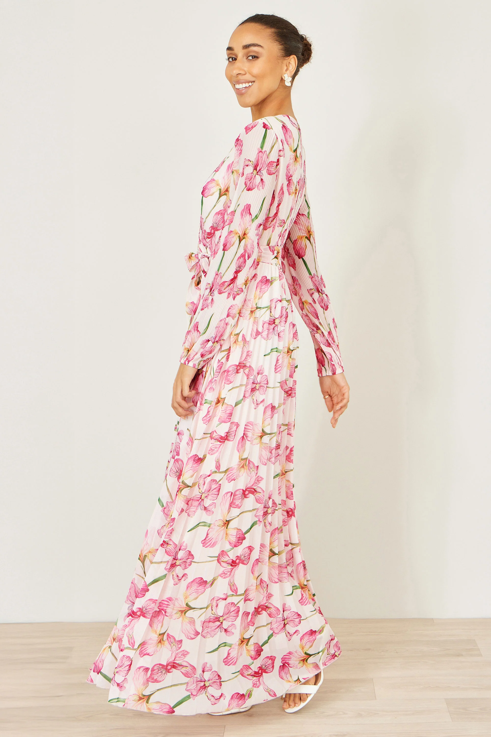 Yumi White Orchid Floral Pleated Wrap Maxi Dress - Image 6