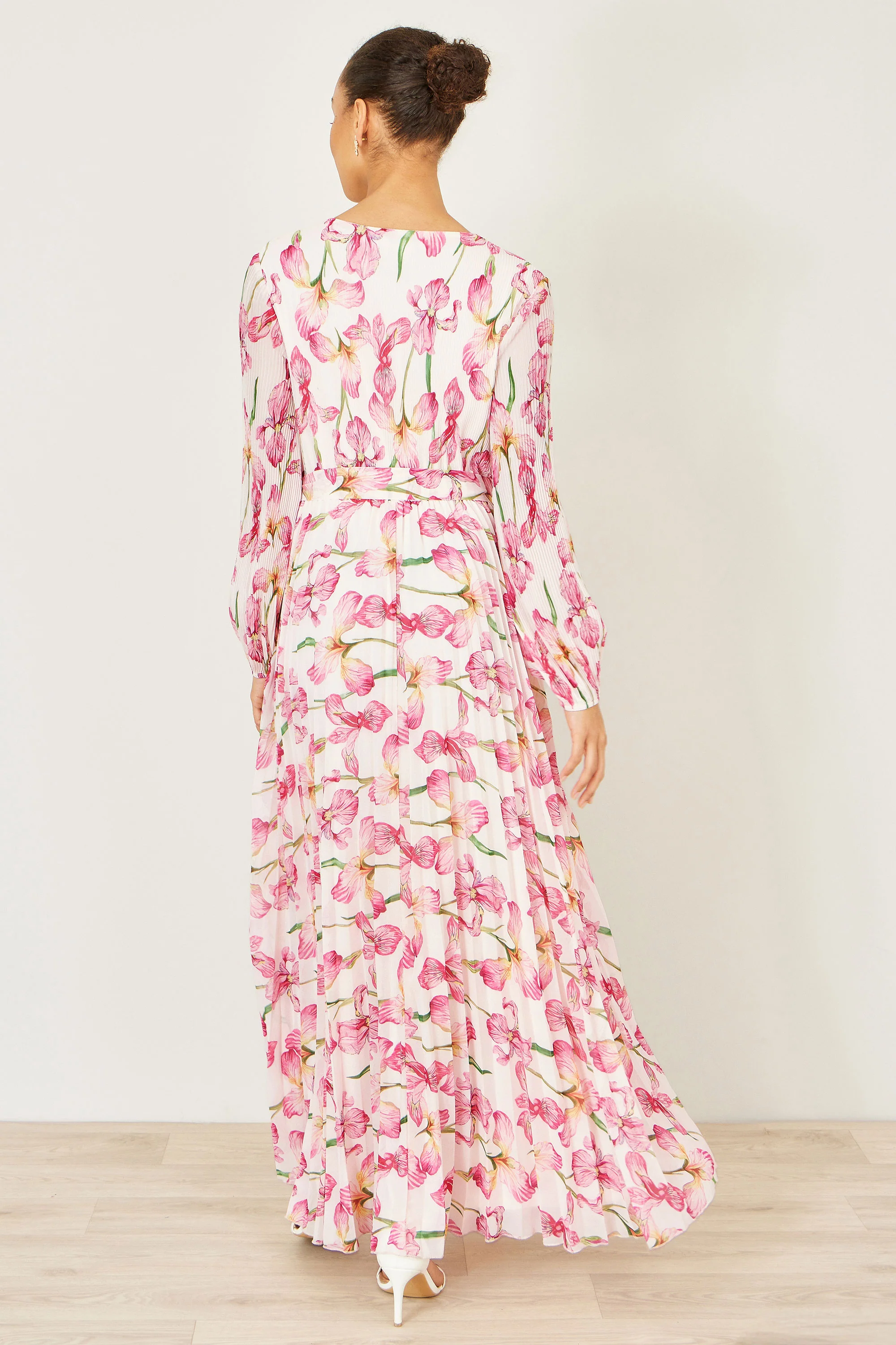 Yumi White Orchid Floral Pleated Wrap Maxi Dress - Image 7