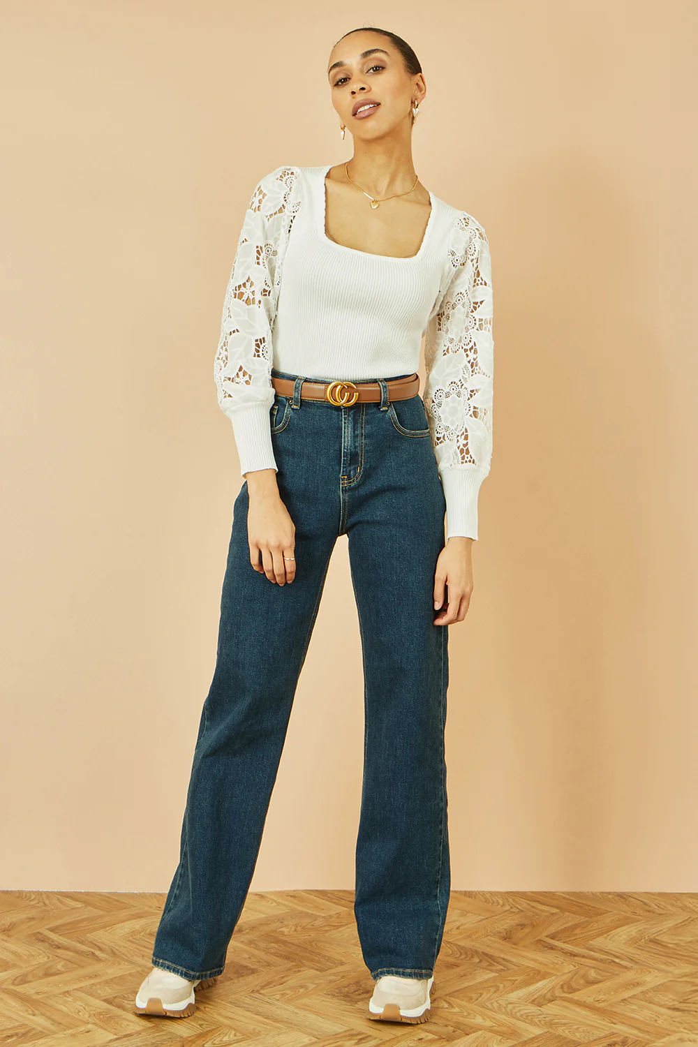 Yumi White Ribbed Knitted Top With Lace Sleeves - Image 2