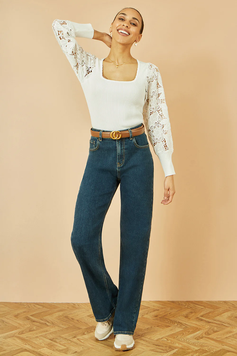 Yumi White Ribbed Knitted Top With Lace Sleeves - Image 4