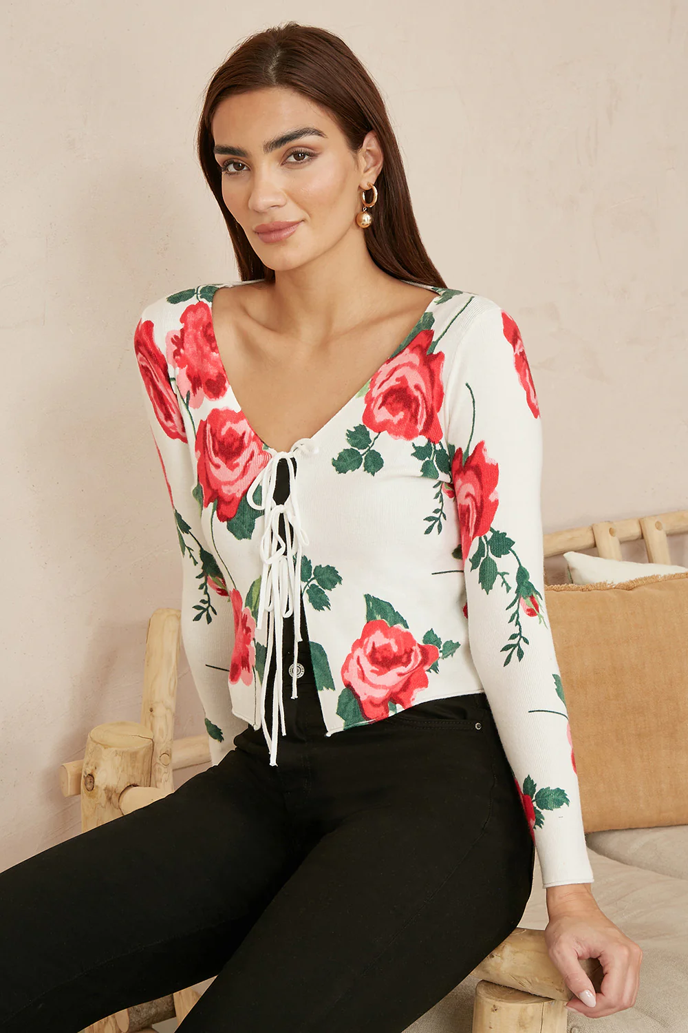 Yumi White Rose Print Cardigan With Tie Front - Image 4