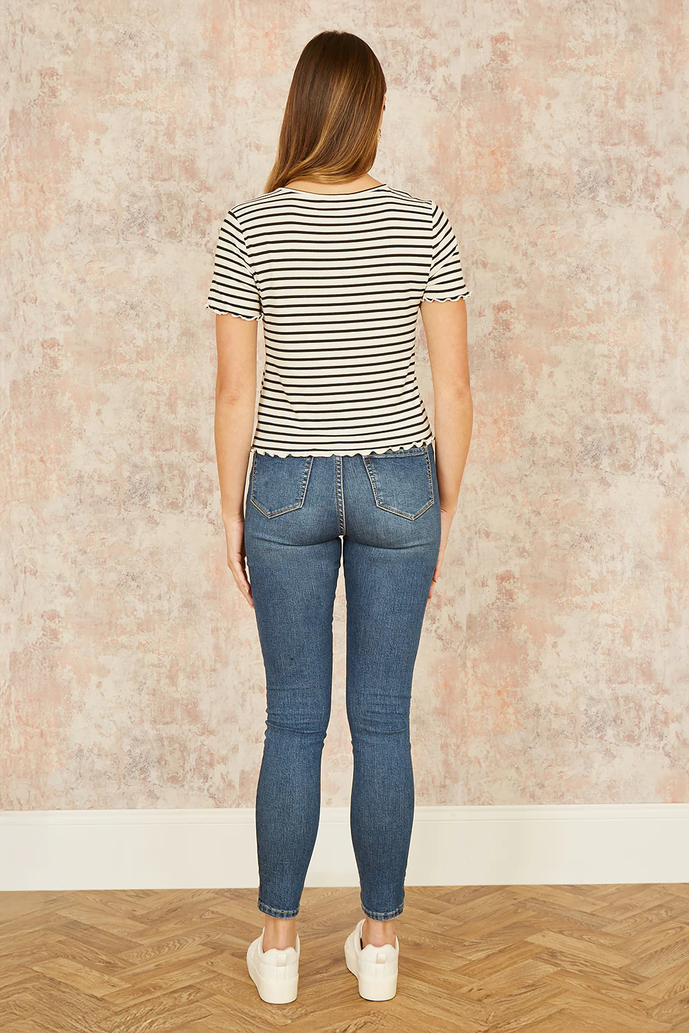 Yumi White Striped Cotton Jersey Lettuce Trim T-Shirt - Image 3