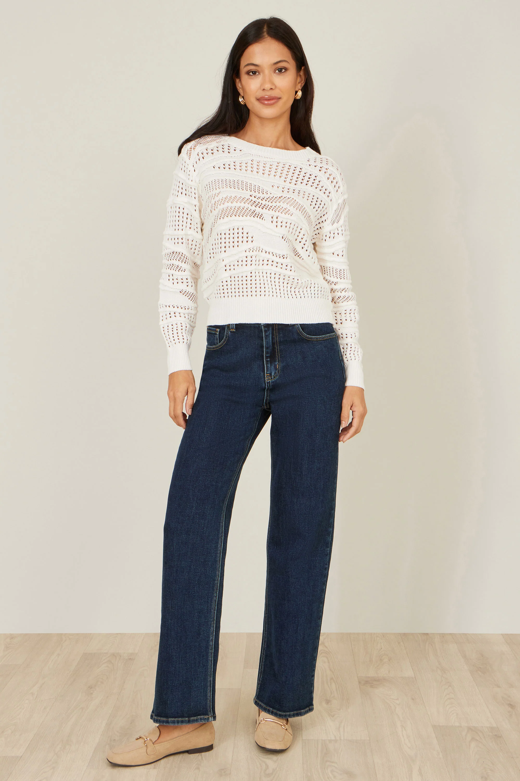Yumi White Wave Pointelle Knitted Jumper - Image 3